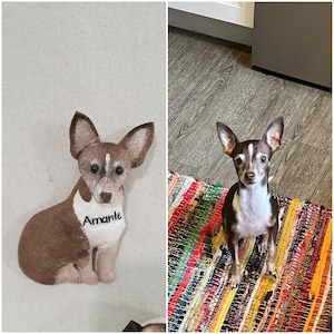 May include: A brown and white chihuahua plush toy with the name "Amante" embroidered on its chest. The plush toy is sitting on a light beige surface. A real chihuahua is sitting on a colorful striped rug.