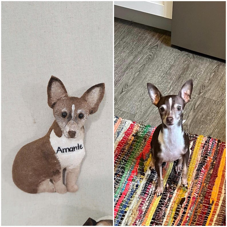 May include: A brown and white chihuahua plush toy with the name "Amante" embroidered on its chest. The plush toy is sitting on a light beige surface. A real chihuahua is sitting on a colorful striped rug.