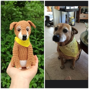 May include: A crocheted brown dog with a yellow bandana sitting in a person's hand. Next to it is a real brown dog with a yellow bandana sitting on a beige floor.