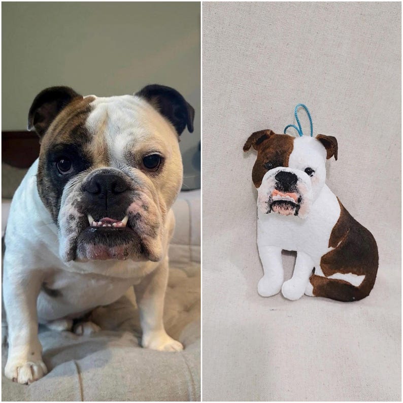 May include: A white and brown bulldog with a playful expression is shown next to a plush toy version of the dog. The plush toy is brown and white with a stitched face and is sitting on a white surface.