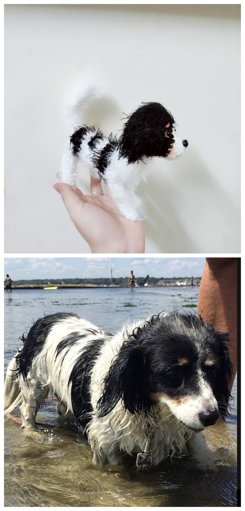 May include: A black and white Cavalier King Charles Spaniel dog toy. The toy is made of yarn and is about the size of a real dog. The toy is being held in a person's hand.