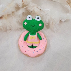 Frog Doll With The Donut Float, Felt Frog, Frog Stuffed Plush, Frog Ornament