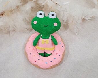 Frog Doll With The Donut Float, Felt Frog, Frog Stuffed Plush, Frog Ornament