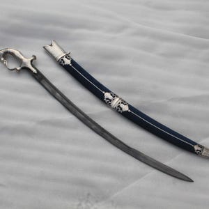 Traditional royal rajput Sikh silver damascened horse head wedding tulwar/sword/kirpan steel blade wood sheath chap locket soft blue velvet