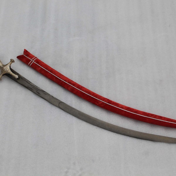 Old vintage rajput Sikh traditional silver inlaid sword tulwar heavy thickness  wootz water pattern blade wood scabbard orange velvet