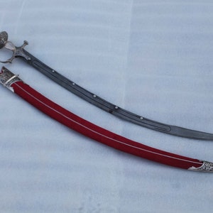 old vintage Mughal rajput traditional engraved & silver damascened  sword /tulwar chape n locket wood scabbard red velvet sheath