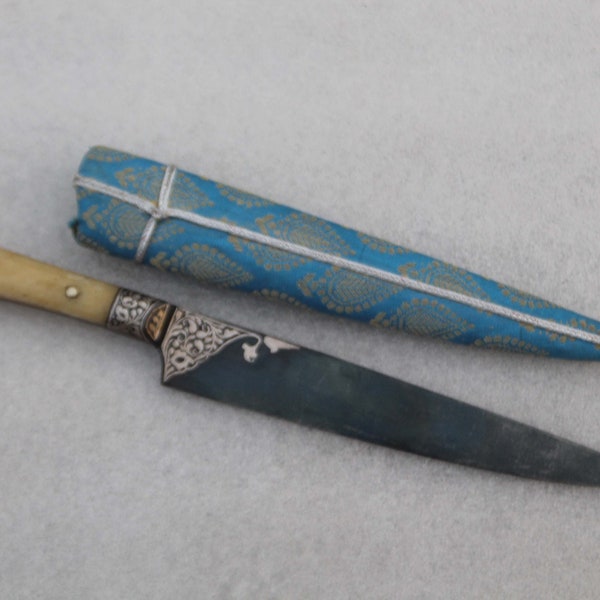 old vintage Mughal indo-Persian silver damascened  ladies kard dagger knife bone handle grip handle no Arabic jambiya