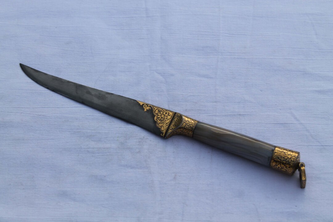 Antique Mughal Kard Dagger: Islamic Gold Damascened Hakik Stone Handle ...