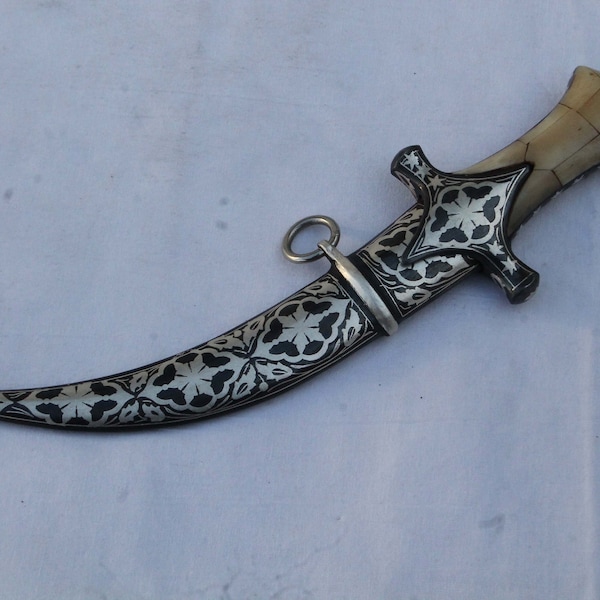 Fine Vintage Maughal silver inlaid wedding dagger khanjar jambiya knife chips handle grip gift articles