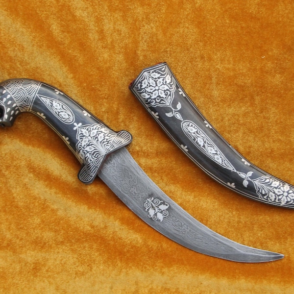 fine Vintage Maughal Indo-Persian silver inlaid dagger khanjar knife lion head handle wedding gift, birthday gift articles