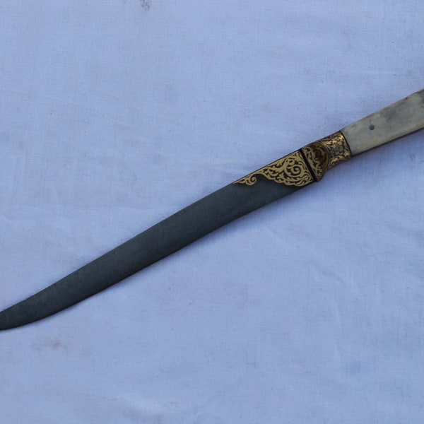 Mughal Islamic old vintage  gold damascened kard dagger knife bone chips handle no khyber dagger knife