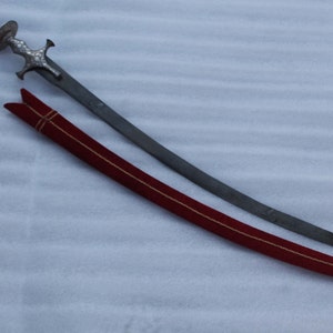Old vintage Mughal rajput Sikh traditional silver damascened sword /tulwar /tegha wootz water pattern blade wood scabbard red velvet sheath