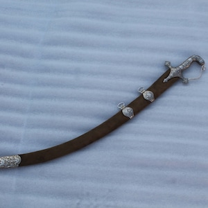 v.v rare old Mughal indo-Persian ottoman silver damascened  shamshir  wootz blade gold car-touches wood scabbard chape & locket brown velvet