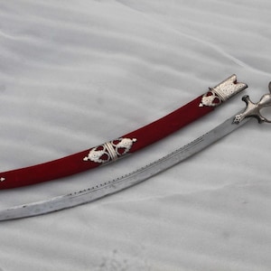 Royal rajput Sikh silver inlaid work wedding tulwar/sword/kirpan steel blade wooden sheath chap locket soft red velvet