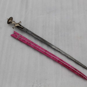 old vintage Mughal Maratha traditional silver damascened Dhup/ Dhop sword wood scabbard pink sheath