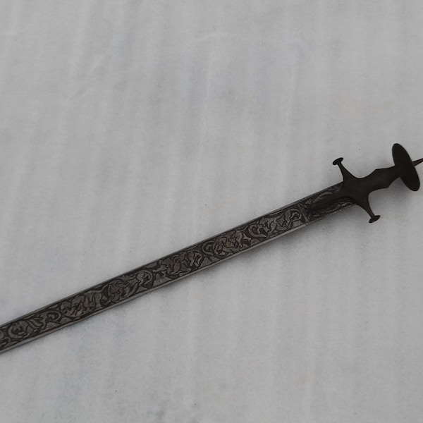 v. v rare old antique Mughal  indo-Persian rajput  hunting/shikargar engraved   silver damascened  broad straight sword /tulwar
