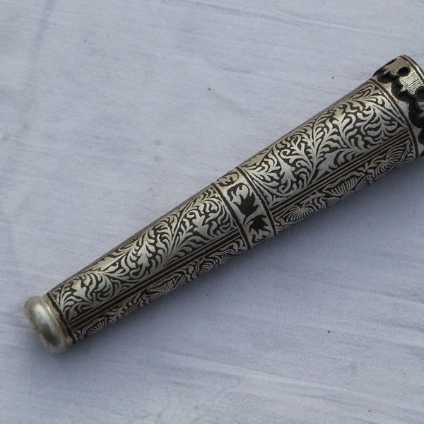 Maughal Indo-Persian silver inlaid iron hukkah chillum tobacco smoking pipe