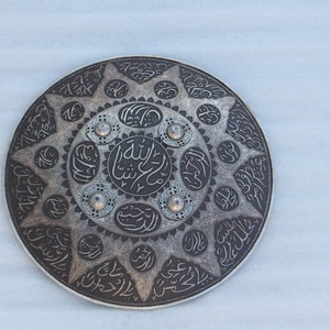 Vintage Indo-Persian Silver Inlaid Shield: Islamic Kufic Calligraphy, 17&quot;