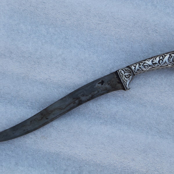 indo-Persian silver damascened kard dagger khanjar knife iron handle mughal calligraphy no Khyber knife/ pesh-kabz dagger
