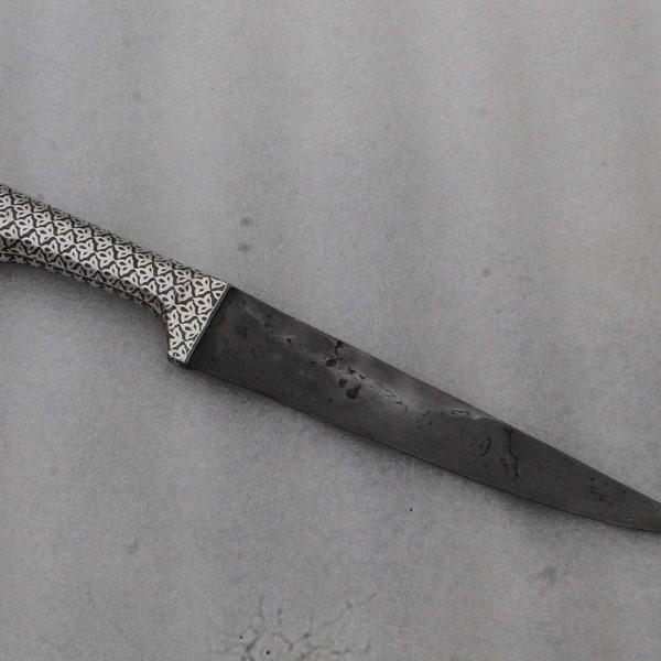 Old mughal indo-Persian silver damascened pesh-kabz dagger khanjar knife iron handle geometric flower design no Khyber knife