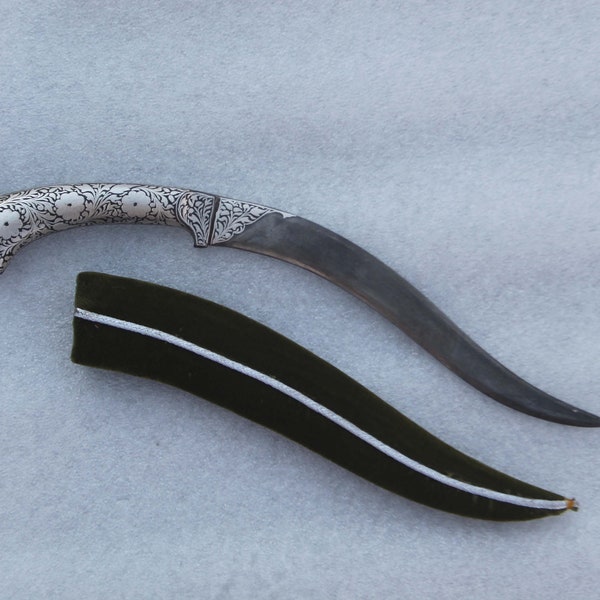 Vntg. Old mughal indo-Persian silver damascened curved iron blade khanjar knife iron handle dagger no Khyber knife