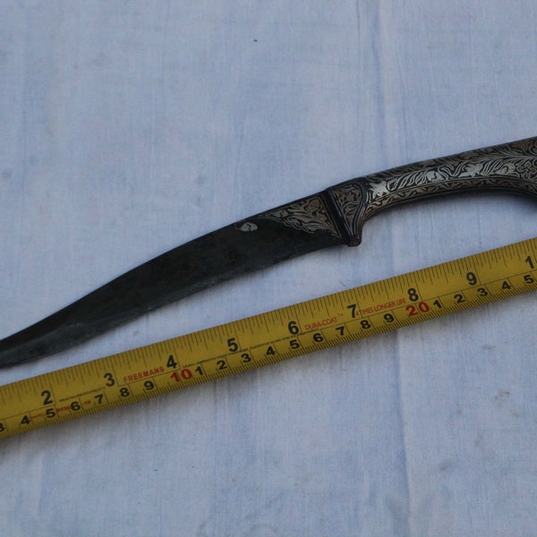 Old mughal indo-Persian silver damascened curved khanjar knife iron handle peshkabz dagger no Khyber knife