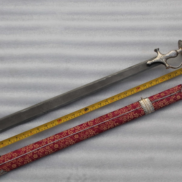 old vintage Mughal Maratha traditional silver damascened khanda sword wood scabbard red & golden brocade sheath silver chape  and locket