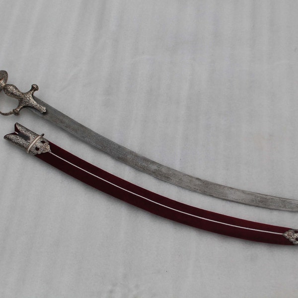 old antique  Mughal rajput Sikh traditional silver inlaid  sword /tulwar/kirpan Damascus steel blade wood scabbard red velvet chap &locket