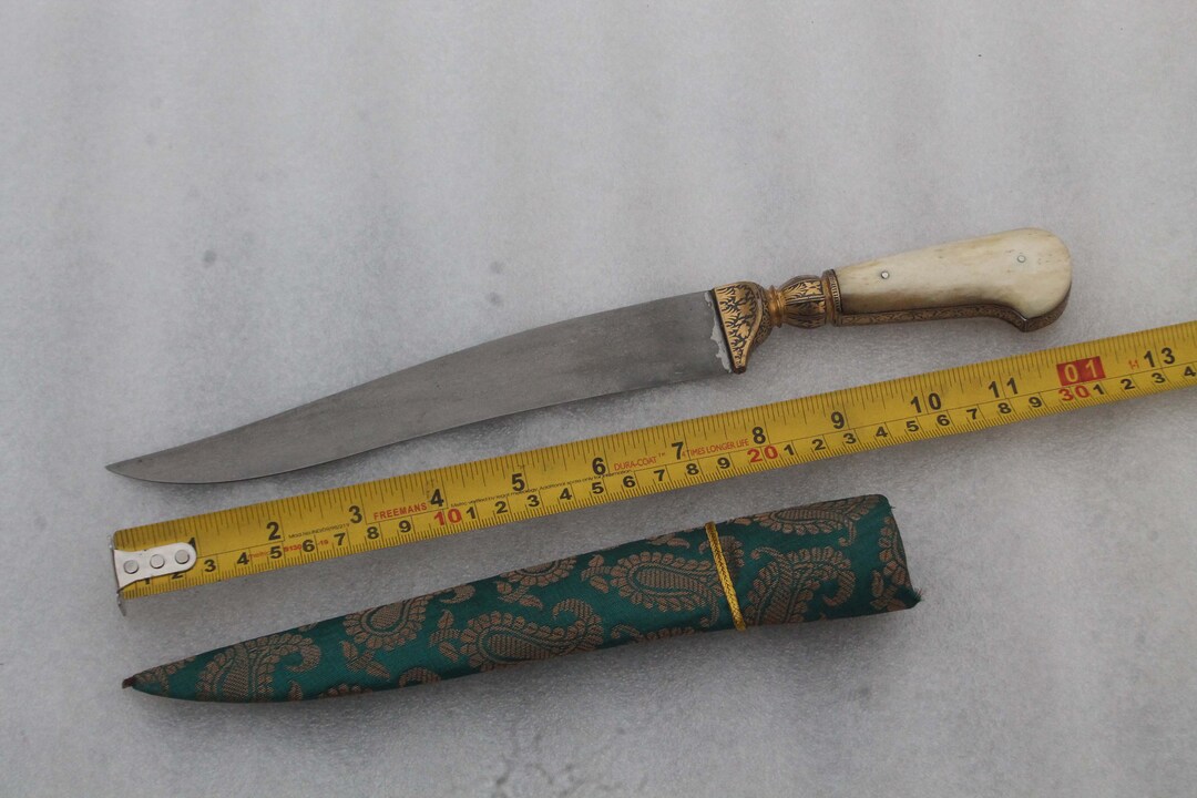 Vintage Mughal Gold Damascened Kard Dagger: Wootz Steel Blade, Bone ...