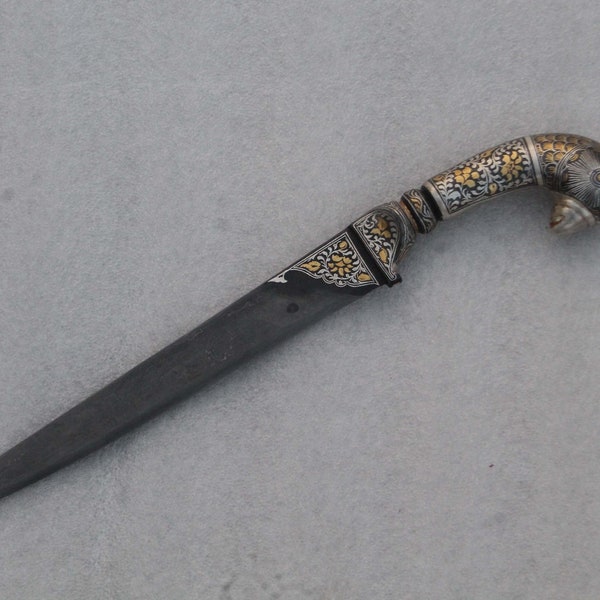 old antique Indo-Persian Mughal islamic gold & silver damascened kard dagger khanjar knife parrot handle no khyber knife
