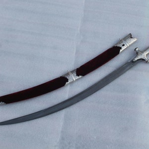 Traditional royal rajput Sikh silver damascened wedding  tulwar/sword/kirpan steel blade wood sheath chap locket soft red velvet