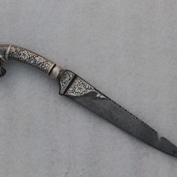 Old mughal indo-Persian silver damascened  horse handle dagger khanjar knife mughal calligraphy no Khyber knife