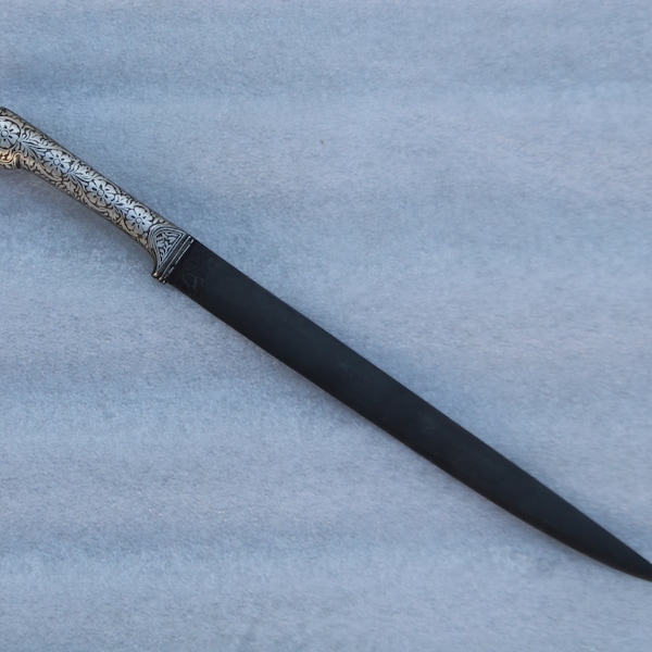 mughal Persian silver damascened straight kard dagger khanjar knife iron handle  no Khyber knife/ pesh-kabz dagger