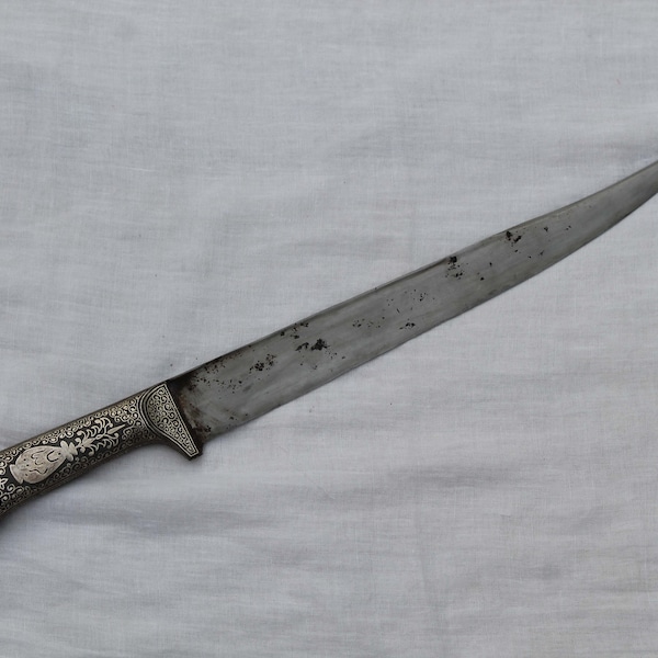 Old mughal indo-Persian holy quran script silver inlaid dagger khanajar knife pesh-kabz handle
