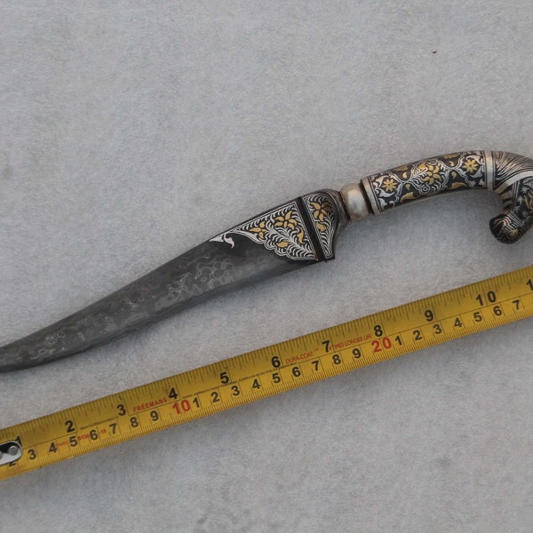 old antique Indo-Persian Mughal Islamic gold & silver damascened kard dagger khanjar knife horse handle no khyber knife