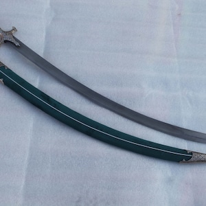 Traditional royal rajput Sikh silver damascened wedding  tulwar/sword/kirpan steel blade wood sheath chap locket soft green velvet