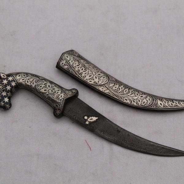 Vintage Maughal Indo-Persian silver inlaid dagger khanjar knife camel head handle gift articles