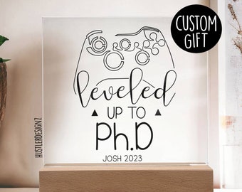 Custom PHD Graduation Plaque: Gamer Gift with LED Base