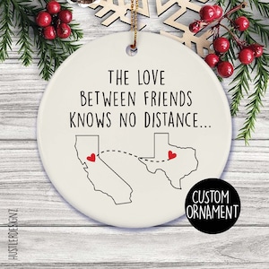 Personalized Long Distance Friendship Ornament – 3&quot; Round Ceramic, Glossy UV Printed Map with Two States or Countries