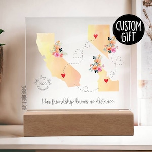 Nuestra amistad no conoce distancias, placa acrílica, regalos personalizados, regalo de amistad de larga distancia, impresiones de mapas estatales, mapa de larga distancia