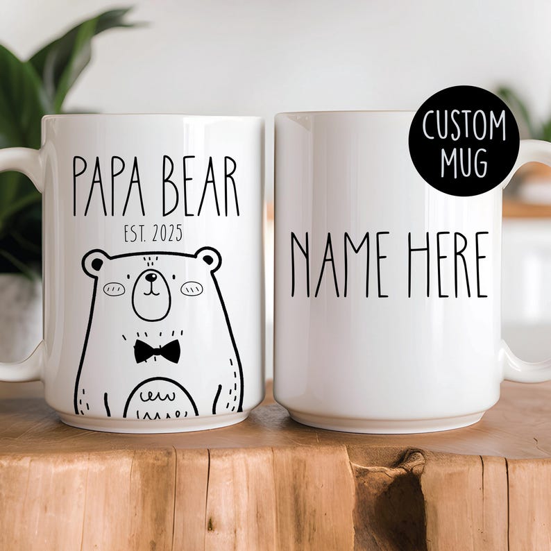 Custom ceramic mug featuring Papa Bear text with a cute bear illustration, personalized with a name and established year. Available in 11oz or 15oz sizes, ideal for first Father’s Day or pregnancy announcements.