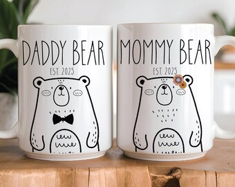 Mommy Bear and Daddy Bear Mug Set – Matching New Parent Mugs with Cute Bear Design – Baby Shower Gift – Personalized Established Year