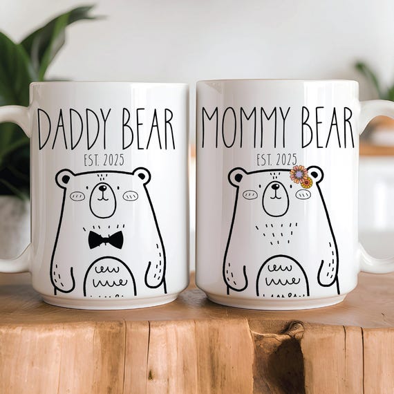 Mommy Bear and Daddy Bear Mug Set – Matching New Parent Mugs with Cute Bear  Design – Baby Shower Gift – Personalized Established Year - Main Image