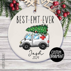 Best EMT Ever Christmas 2025 Ceramic Ornament: Funny Ambulance Design with Custom Name