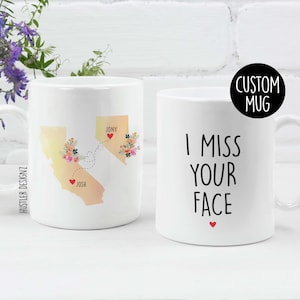 Mug I Miss Your Face - Cadeau interurbain avec carte personnalisée de l'état ou du pays - Tasse à café personnalisée pour un ami, la famille ou un partenaire