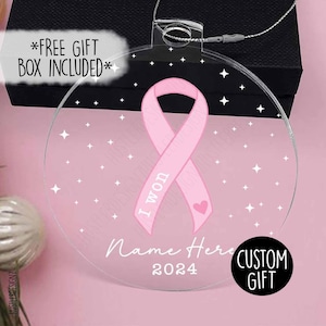 I Won Cancer Ribbon Ornament – Breast Cancer Survivor Ornament with Name – Pink Ribbon Christmas Ornament – Personalized Cancer Gift