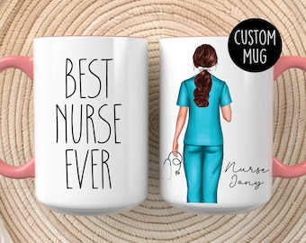 May include: Two white ceramic mugs with pink handles. One mug has the text "Best Nurse Ever" printed in black. The other mug has a cartoon illustration of a nurse in a blue uniform with a stethoscope. The text "Nurse Jony" is printed in black on the mug.