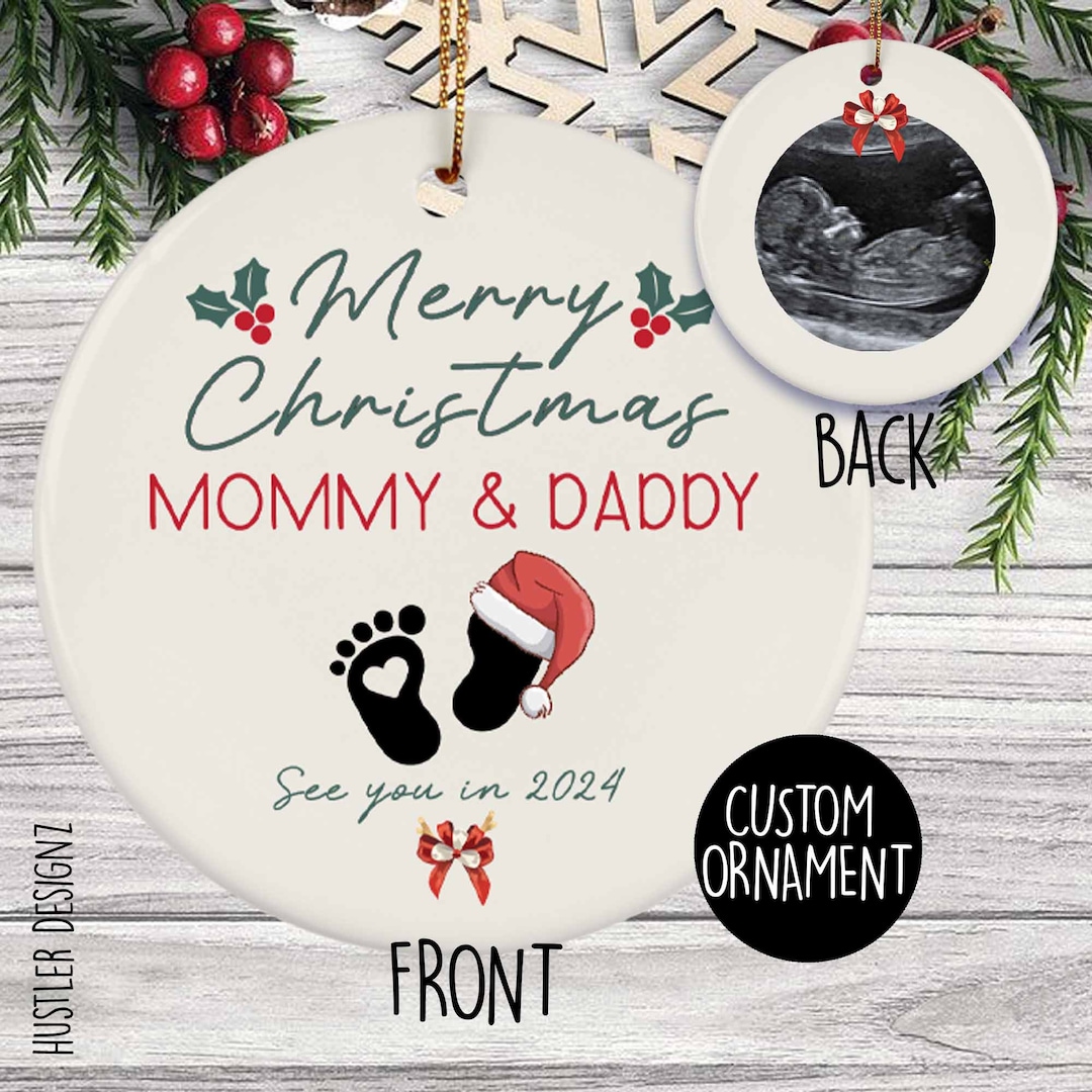 Personalized Pregnancy Announcement New Baby Ornament, Merry Christmas