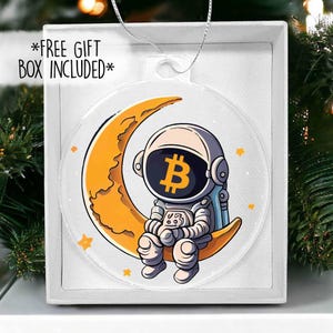 Bitcoin To The Moon Acrylic Ornament with Free Gift Box - Crypto Christmas Ornament - Cryptocurrency Gifts - Bitcoin Merch - Bitcoin Art