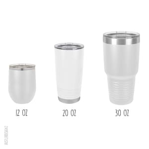 May include: Three white insulated tumblers with silver rims and lids. The sizes are 12 oz, 20 oz, and 30 oz. The 20 oz tumbler has horizontal grooves near the base. The text "12 OZ", "20 OZ", and "30 OZ" is printed below each tumbler.